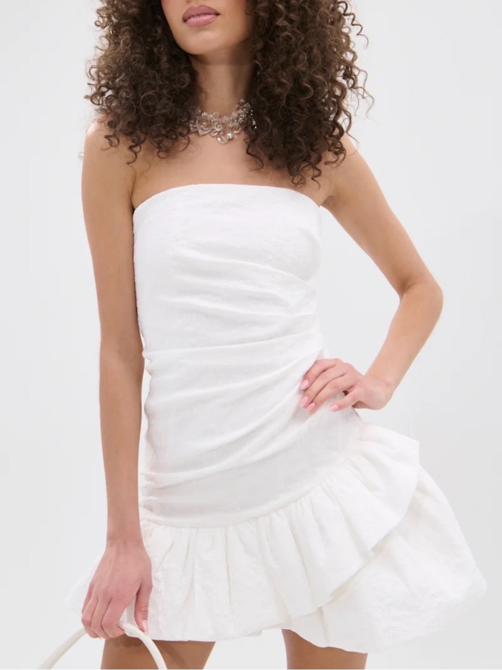 AKIRA Strapless White Ruffle-Hem Mini Dress